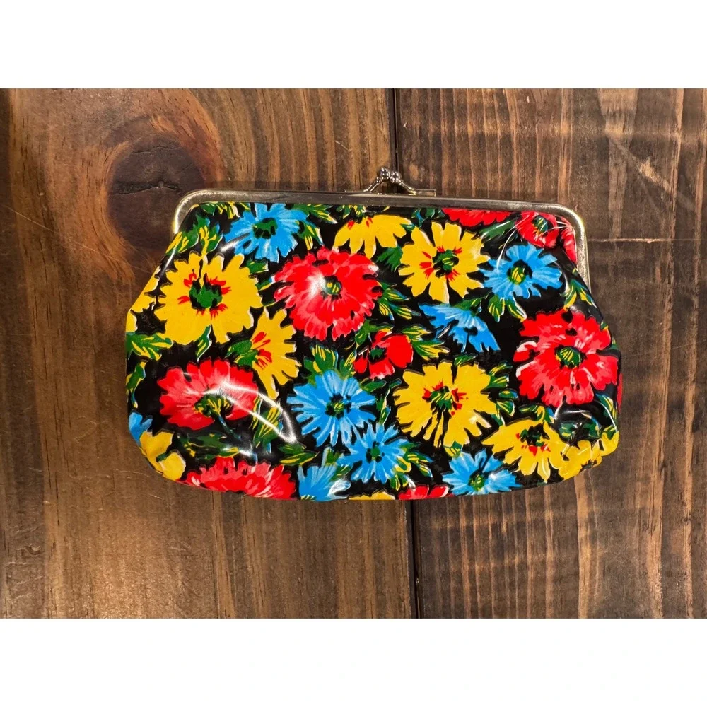 Vintage Floral Kiss Clasp Clutch Purse Multi Color Retro Glossy Makeup Bag 7x5x1